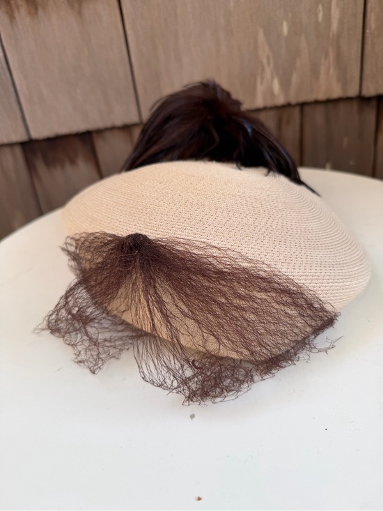Vintage faux straw beige pillbox hat bows & brown feathers accent tassels 21.5”. main image 5